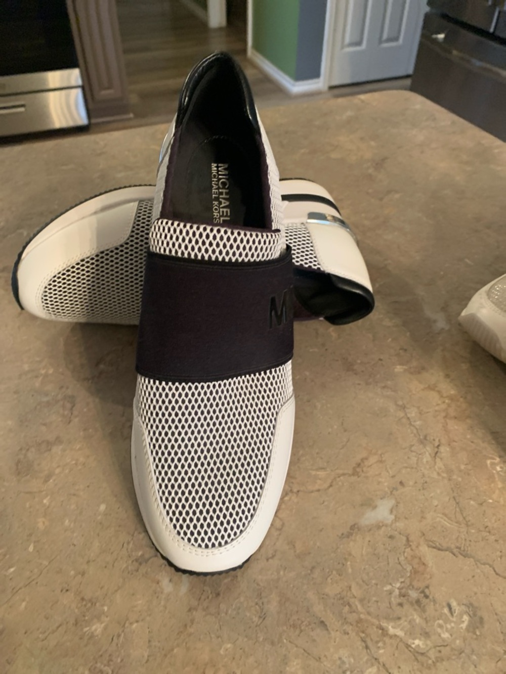 Michael Kors White and Black Slip-On Platform Sneakers with Elastic Strap - Picture 3 of 5